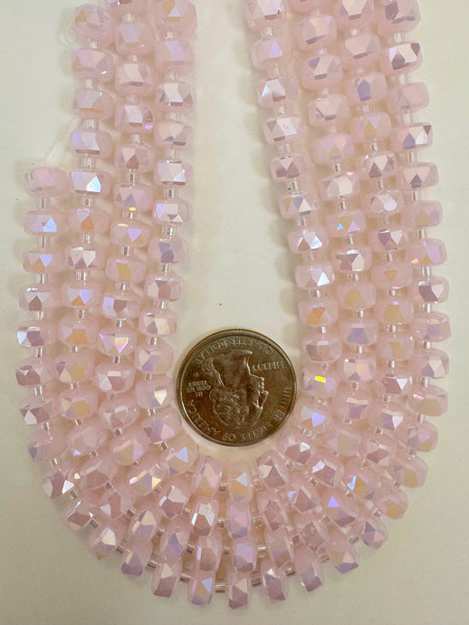 AB flash coated pastel pink, fancy cut, vintage look glass, 8x5mm edge faceted heishi rondelle, 10