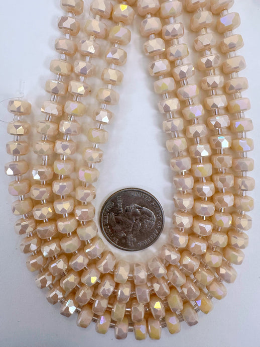 AB flash coated pastel peach, fancy cut, vintage look glass, 8x5mm edge faceted heishi rondelle, 10