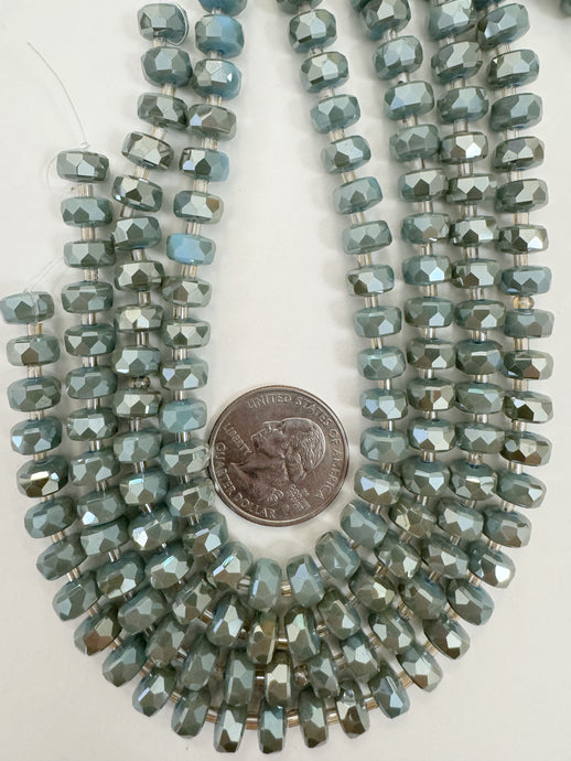 brown flash coated pastel blue, fancy cut, vintage look glass, 8x5mm edge faceted heishi rondelle, 10