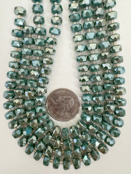 white flash coated pastel dark green blue, fancy cut, vintage look glass, 8x5mm edge faceted heishi rondelle, 10