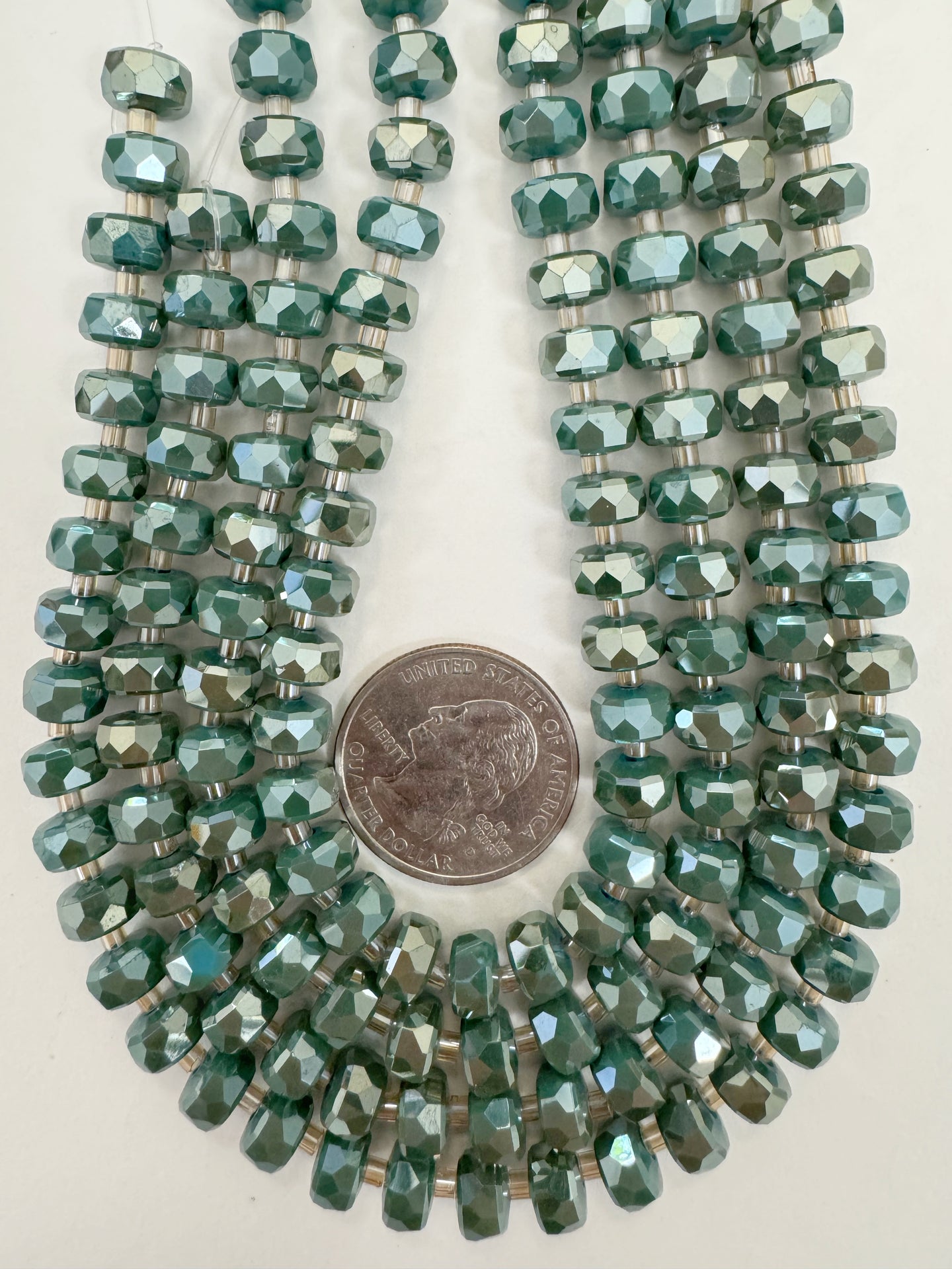 white flash coated pastel dark green blue, fancy cut, vintage look glass, 8x5mm edge faceted heishi rondelle, 10