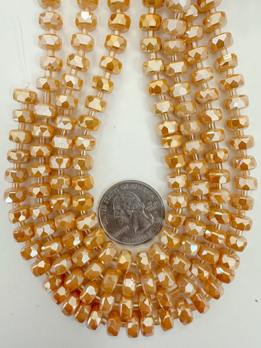 white flash coated pastel orange, fancy cut, vintage look glass, 8x5mm edge faceted heishi rondelle, 10