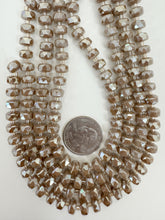 white flash coated pastel dark red brown, fancy cut, vintage look glass, 8x5mm edge faceted heishi rondelle, 10" strand, sold per strand