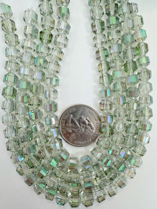 green AB flash coated clear, fancy cut, vintage look glass, 7mm faceted bicone barrel, 9.5