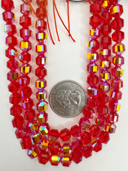 AB flash coated red, fancy cut, vintage look glass, 7mm faceted bicone barrel, 9.5