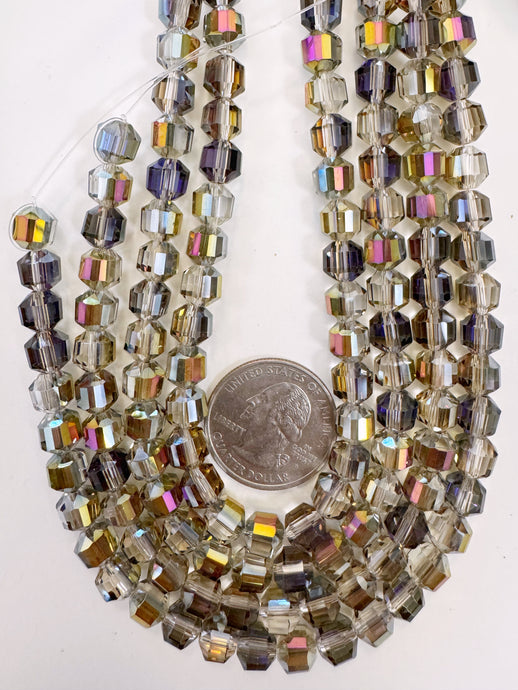 purple AB flash coated clear, fancy cut, vintage look glass, 7mm faceted bicone barrel, 9.5