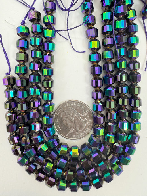 purple AB flash coated, fancy cut, vintage look glass, 7mm faceted bicone barrel, 9.5