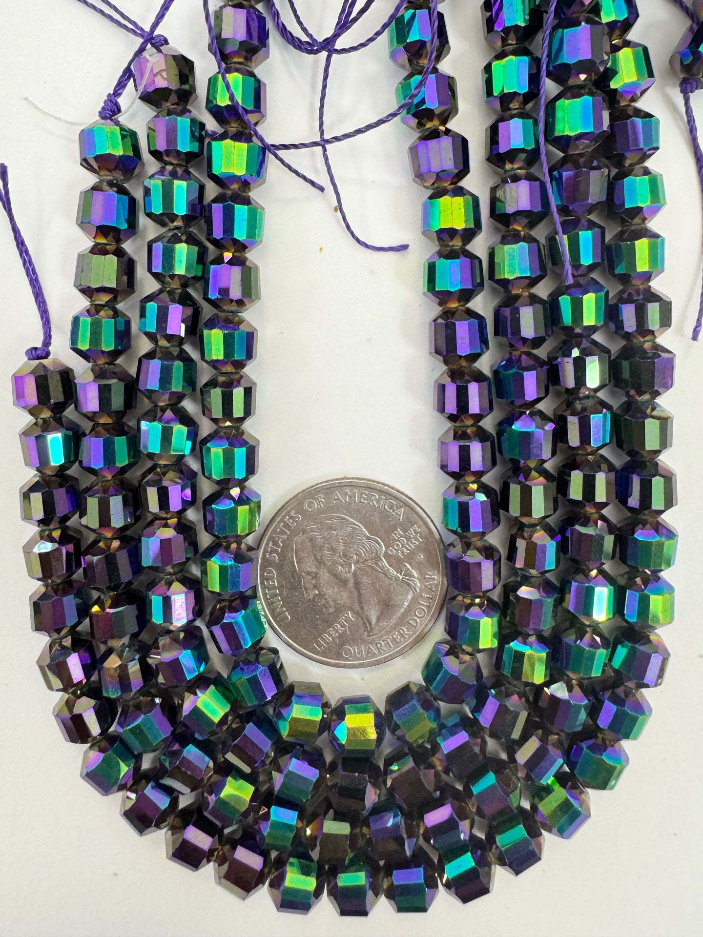 purple AB flash coated, fancy cut, vintage look glass, 7mm faceted bicone barrel, 9.5