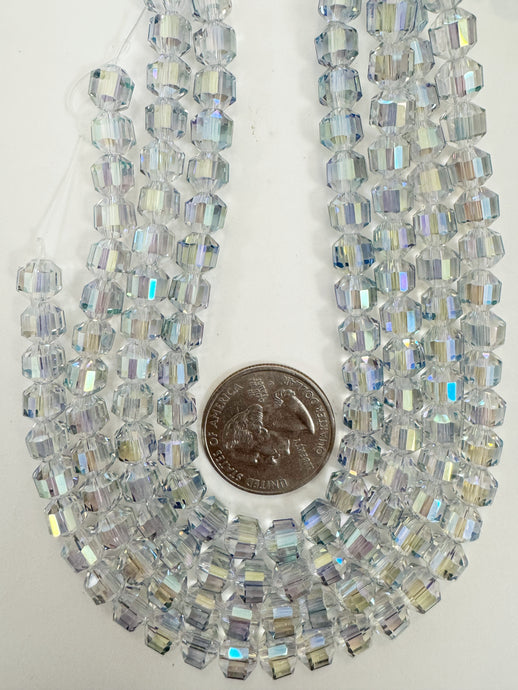 blue AB flash coated clear, fancy cut, vintage look glass, 7mm faceted bicone barrel, 9.5