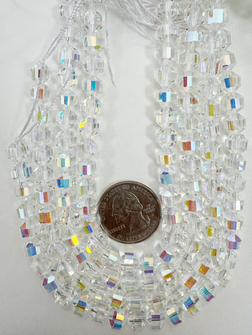 AB flash coated clear, fancy cut, vintage look glass, 7mm faceted bicone barrel, 9.5