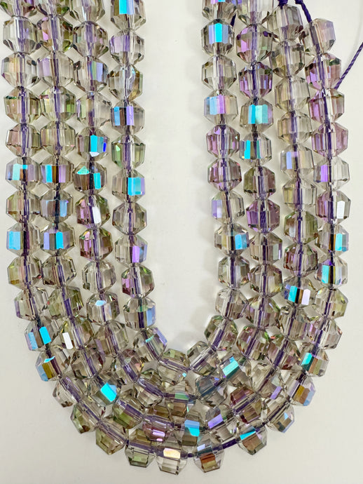 blue purple AB flash coated topaz clear, fancy cut, vintage look glass, 7mm faceted bicone barrel, 9.5