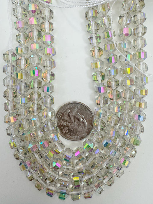 AB flash coated dark clear, fancy cut, vintage look glass, 7mm faceted bicone barrel, 9.5
