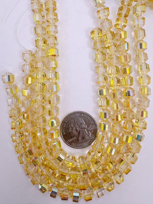 yellow AB flash coated clear, fancy cut, vintage look glass, 7mm faceted bicone barrel, 9.5