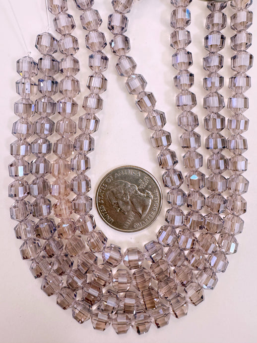 white flash coated dark pale red purple, fancy cut, vintage look glass, 7mm faceted bicone barrel, 9.5