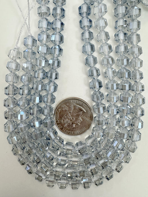 white flash coated dark pale blue, fancy cut, vintage look glass, 7mm faceted bicone barrel, 9.5