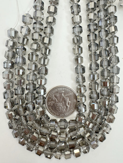 gray flash coated clear, fancy cut, vintage look glass, 7mm faceted bicone barrel, 9.5
