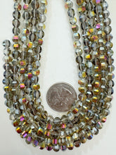 AB flash coated dark clear, fancy cut, vintage look glass, 6mm faceted round, 11" strand, sold per strand