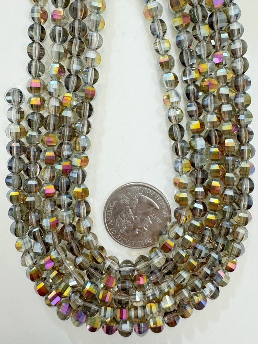 AB flash coated dark clear, fancy cut, vintage look glass, 6mm faceted round, 11