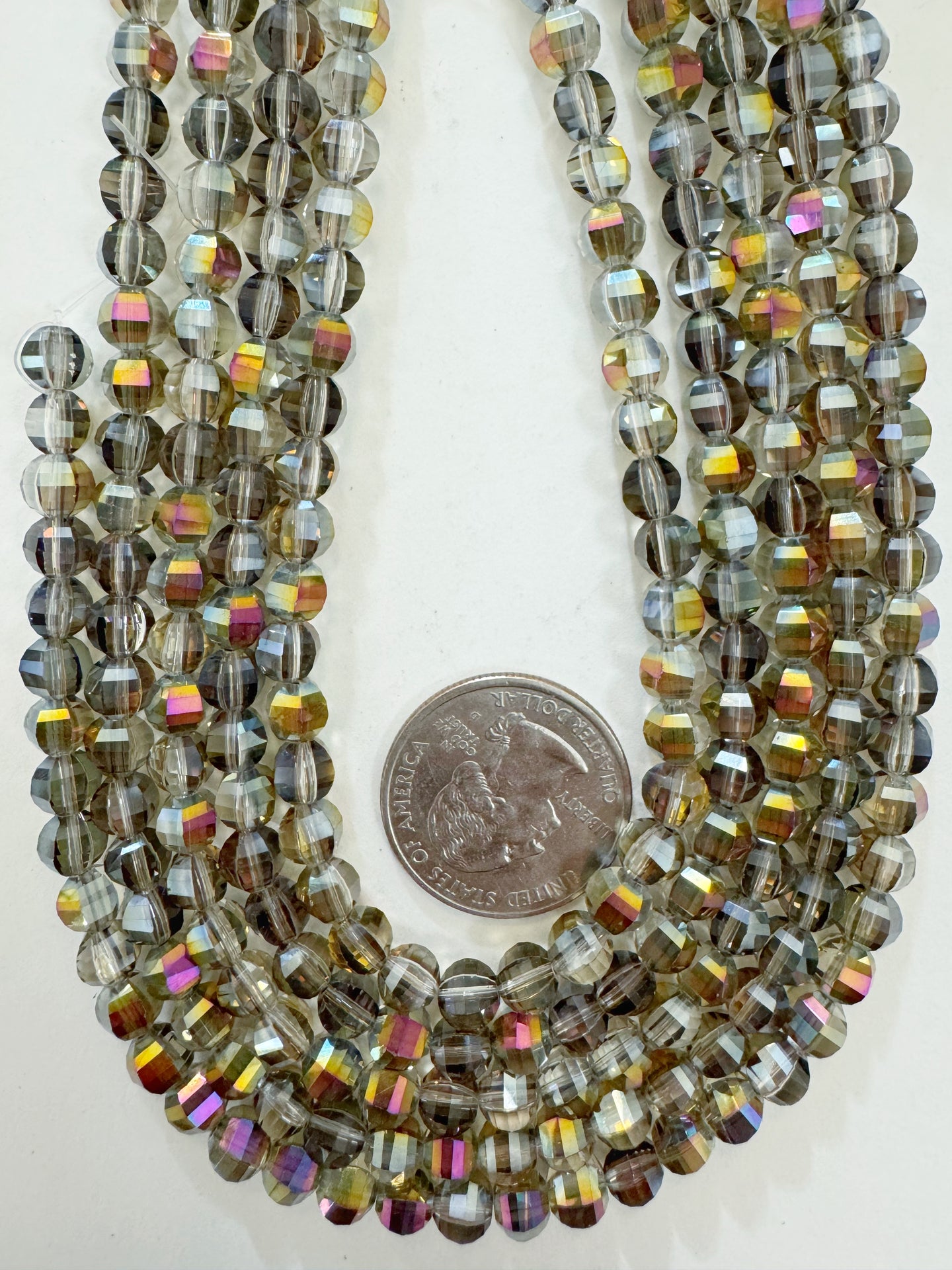 AB flash coated dark clear, fancy cut, vintage look glass, 6mm faceted round, 11