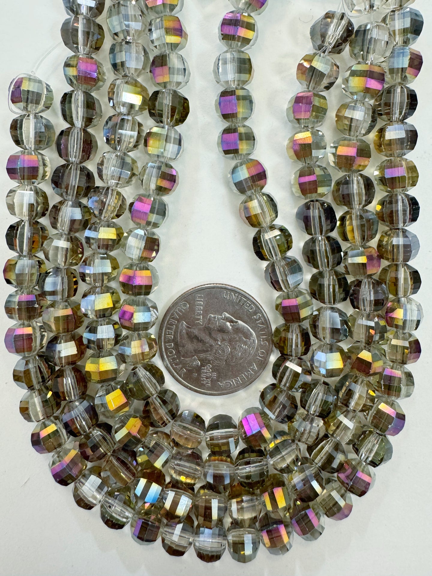 AB flash coated dark clear, fancy cut, vintage look glass, 7mm faceted round, 10