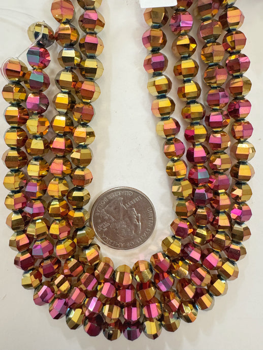 magenta yellow AB flash coated, fancy cut, vintage look glass, 8mm faceted round, 10