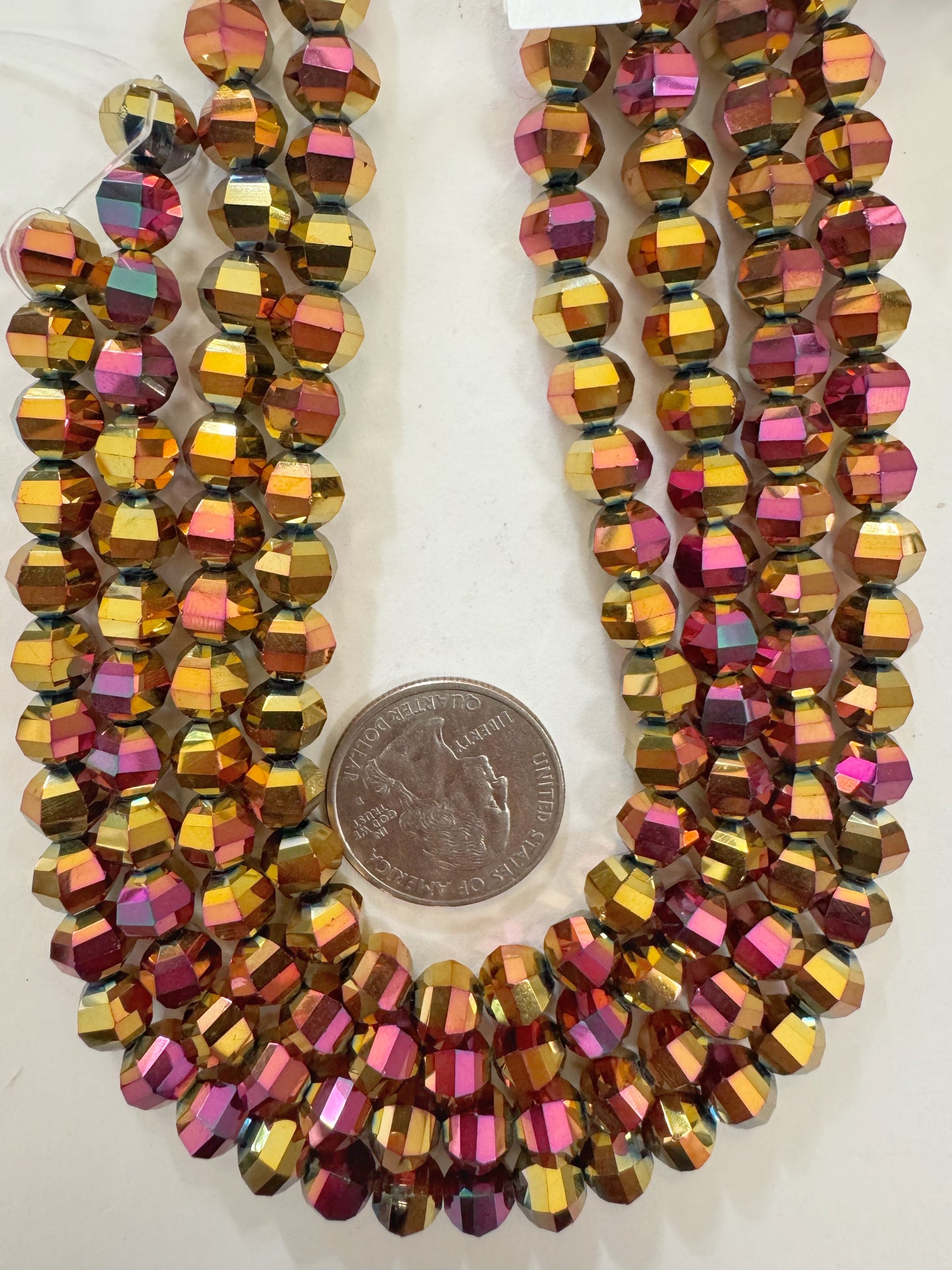 magenta yellow AB flash coated, fancy cut, vintage look glass, 8mm faceted round, 10