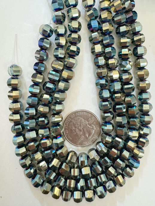 metallic blue yellow AB flash coated, fancy cut, vintage look glass, 8mm faceted round, 10