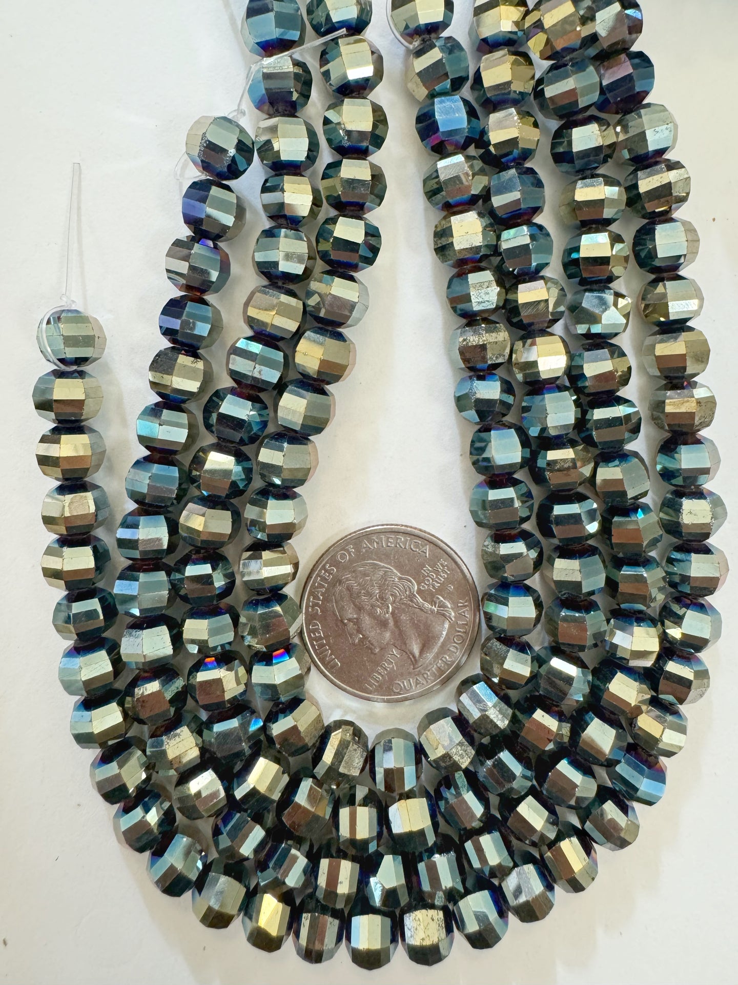 metallic blue yellow AB flash coated, fancy cut, vintage look glass, 8mm faceted round, 10