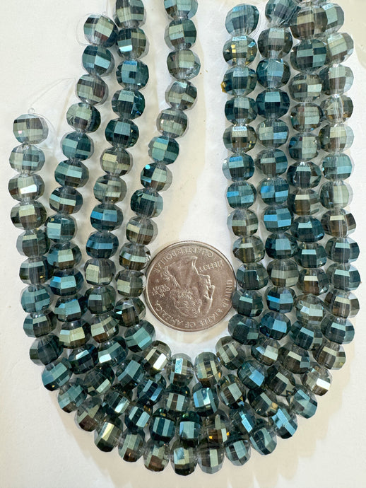 metallic blue green  AB flash coated, fancy cut, vintage look glass, 8mm faceted round, 10