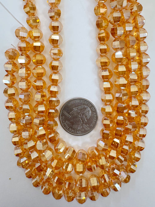 white AB flash coated orange, fancy cut, vintage look glass, 8mm faceted round, 10