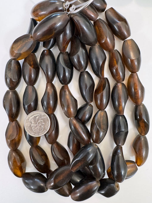 dark orange brown amber, faux amber, single color, vintage look resin, 30x16mm slice cut bowed tube, 15