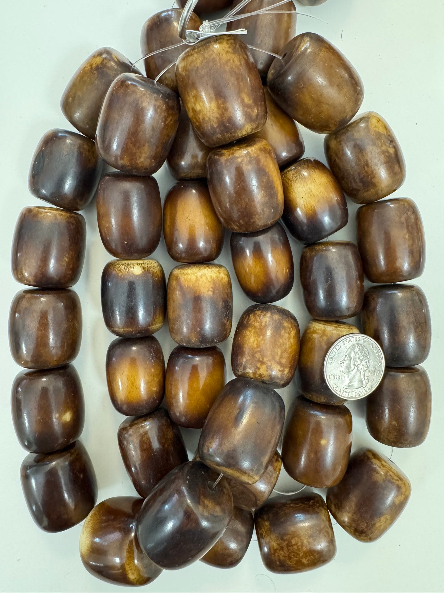 chocolate brown off white, faux bone, vintage look resin, 30x26mm barrel, 15