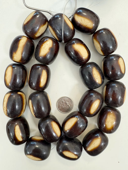 dark chocolate brown off white stripe, faux bone, vintage look resin, 35x29mm barrel tube, 15