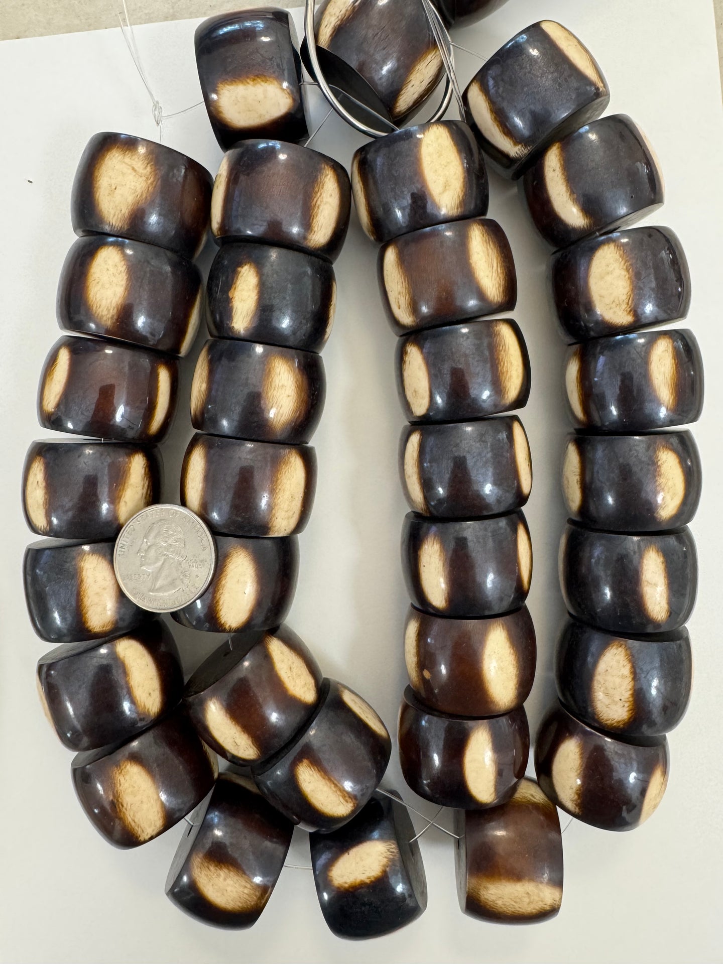 dark chocolate brown off white stripe, faux bone, vintage look resin, 32x22mm rondelle, 15