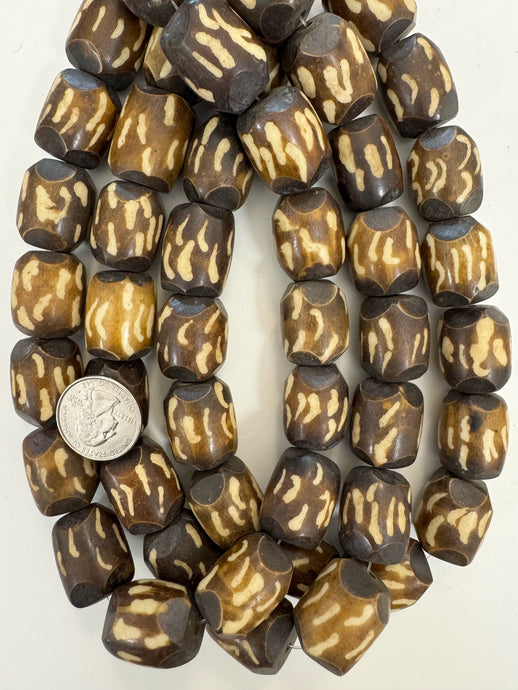 dark and golden brown off white stripes, faux bone, vintage look resin, 24x19mm faceted nugget barrel, 15
