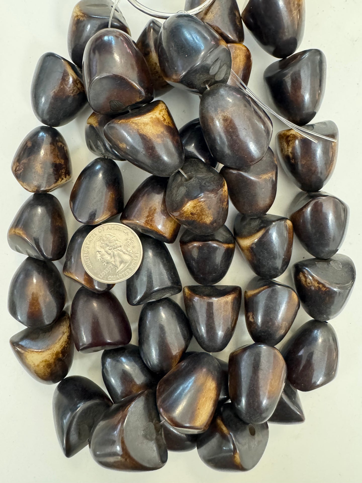 dark chocolate brown off white , faux bone, vintage look resin, 29x24mm unique cut teardrop pear, 15