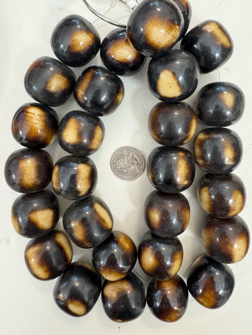 dark chocolate brown off white, faux bone, vintage look resin, 30mm nugget round, 15