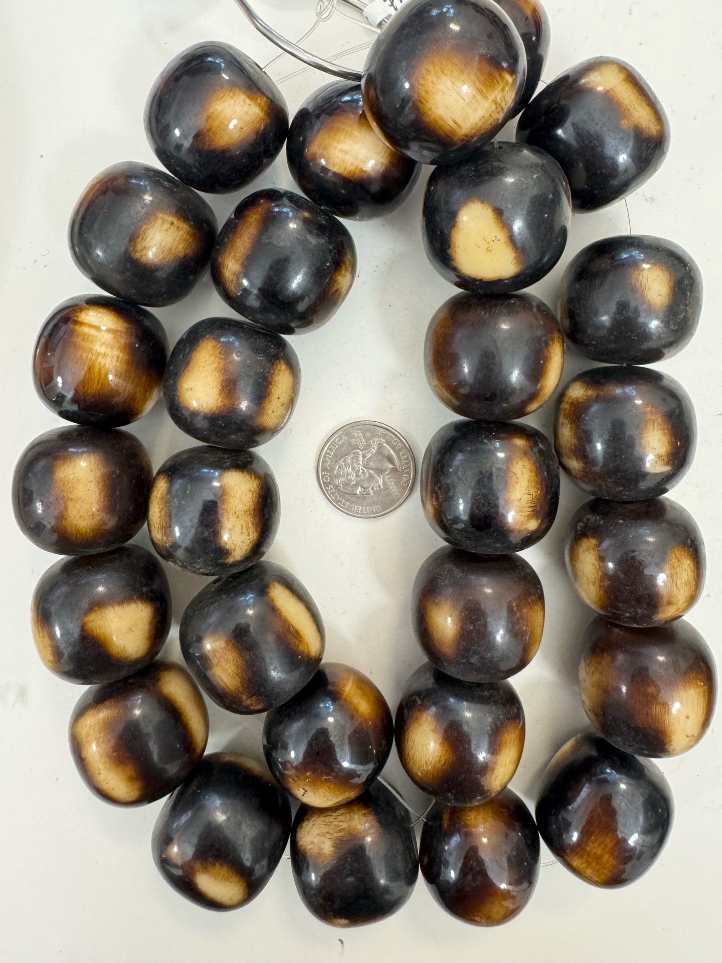 dark chocolate brown off white, faux bone, vintage look resin, 30mm nugget round, 15