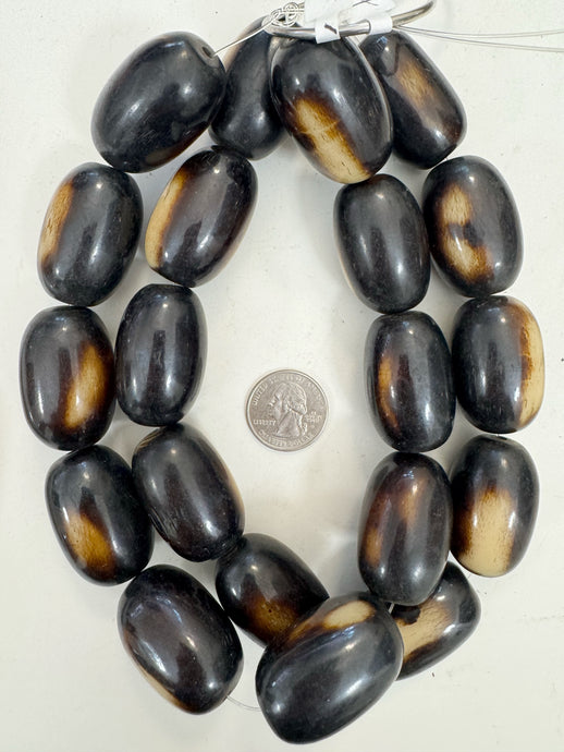 dark chocolate brown off white, faux bone, vintage look resin, 37x24mm tube, 15