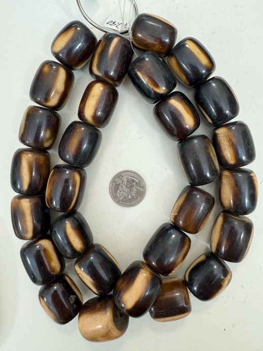 dark chocolate brown peach off white, faux bone, vintage look resin, 26x23mm barrel, 15