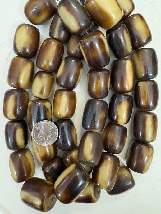 dark chocolate brown golden off white, faux bone, vintage look resin, 29x23mm barrel, 15
