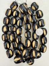 dark chocolate brown off white stripe, faux bone, vintage look resin, 28x25mm barrel, 15" strand, sold per strand
