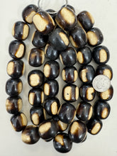 dark chocolate brown off white stripe, faux bone, vintage look resin, 26x23mm barrel, 15" strand, sold per strand
