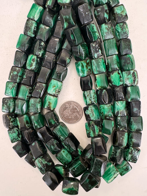 black green white swirl, vintage look resin, 15x13mm edge filed 4 sided tube, 15