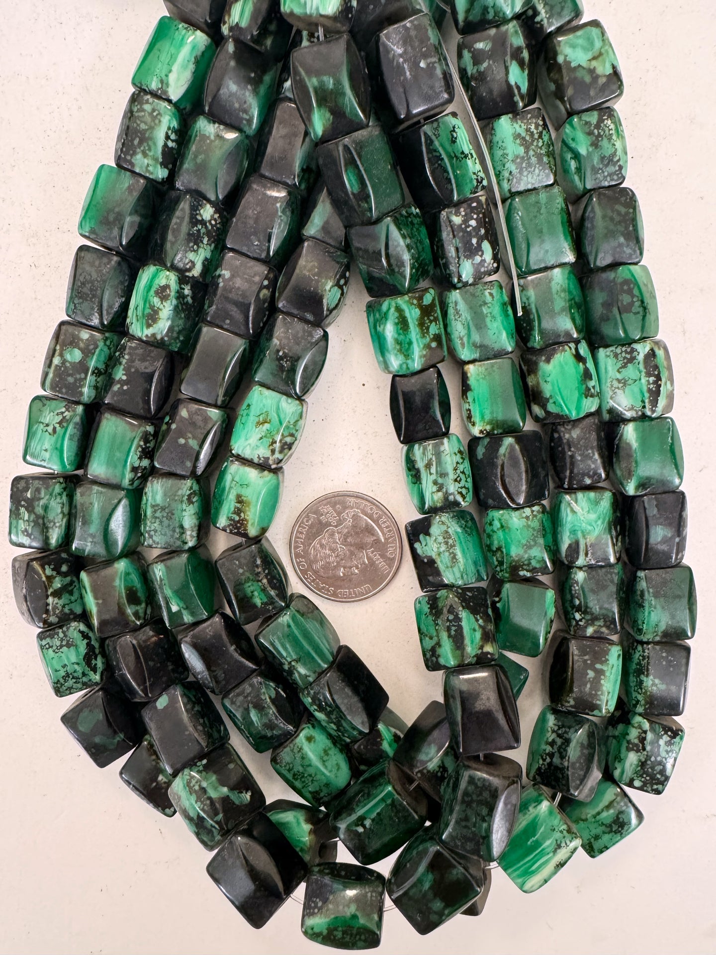 black green white swirl, vintage look resin, 15x13mm edge filed 4 sided tube, 15