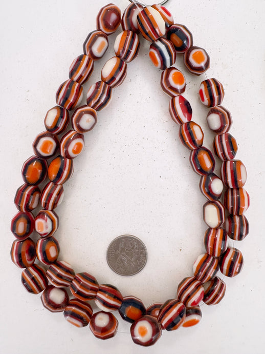 orange black white red stripe, vintage look resin, 15x13mm bicone, 15