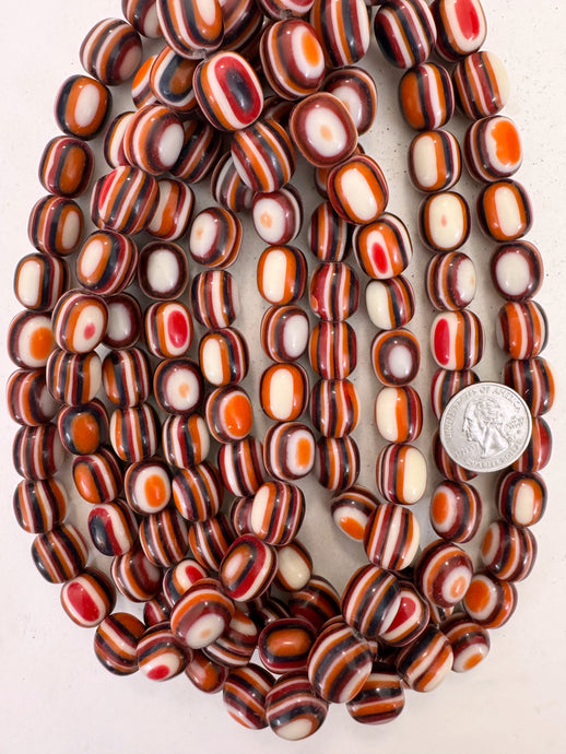orange black white red stripe, vintage look resin, 16x14mm barrel, 15