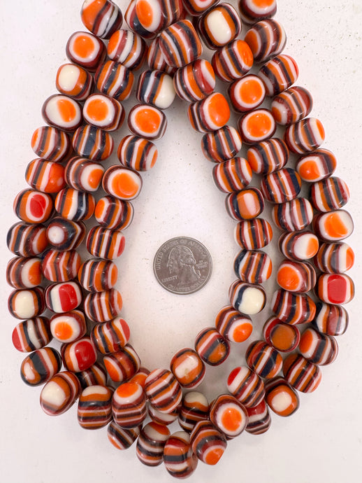 orange black white red stripe, vintage look resin, 15x12mm nugget rondelle, 15