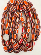 orange black white red stripe, vintage look resin, 20x15mm barrel, 15" strand, sold per strand