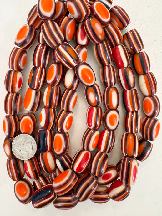 orange black white red stripe, vintage look resin, 20x15mm barrel, 15